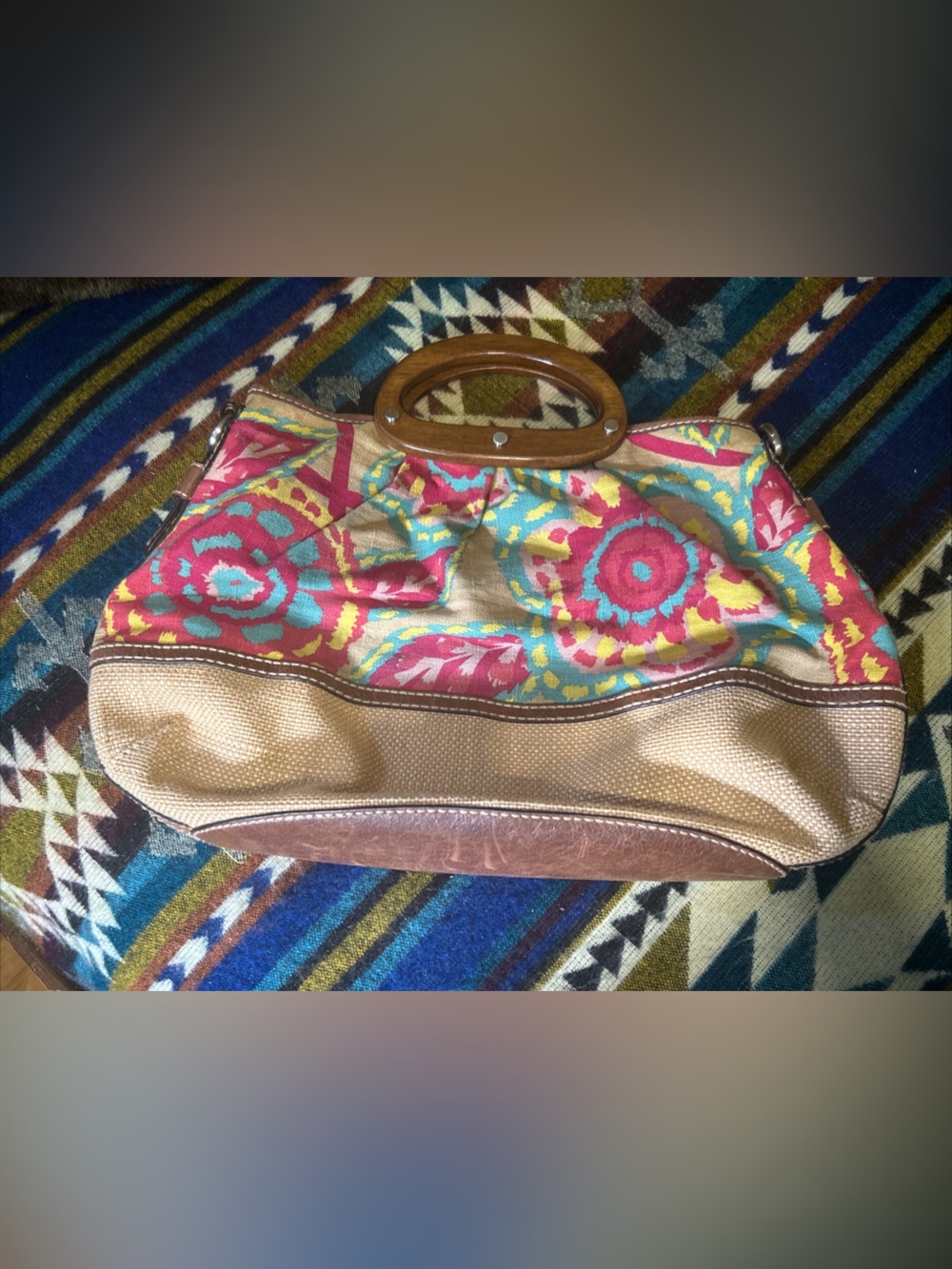 Fossil Wooden Handle Floral Canvas & Leather Trim Woven Crossbody Bag Satchel